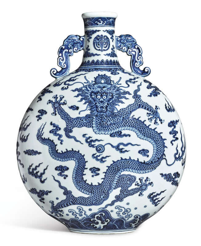 An Extremely Rare and Large Blue and White 'Dragon' Moonflask