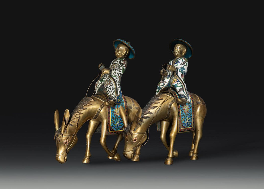 Pair of Cloisonné and Gilt Bronze Donkeys & Riders
