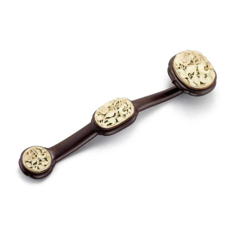 PALE CELADON JADE-INSET WOOD RUYI SCEPTRE THE JADES